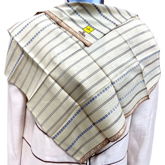 New Fendi Cotton/silk Handkerchief/MiniScarf 19.5" olive beige brown stripe(93 - Picture 1 of 8